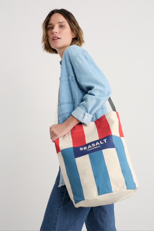 canvas split stripe tote bag