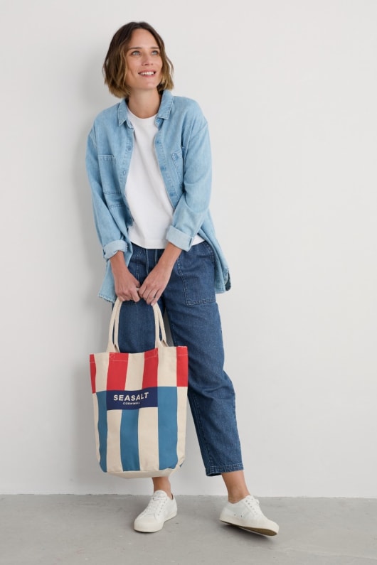 canvas split stripe tote bag