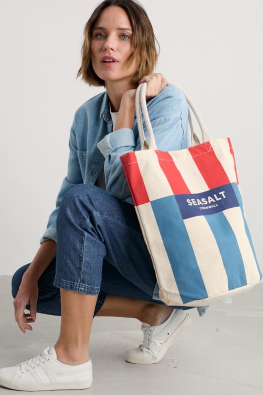 canvas split stripe tote bag